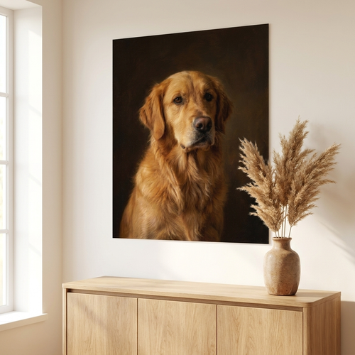 Gepersonaliseerd hondenportret poster aan de muur in een licht interieur