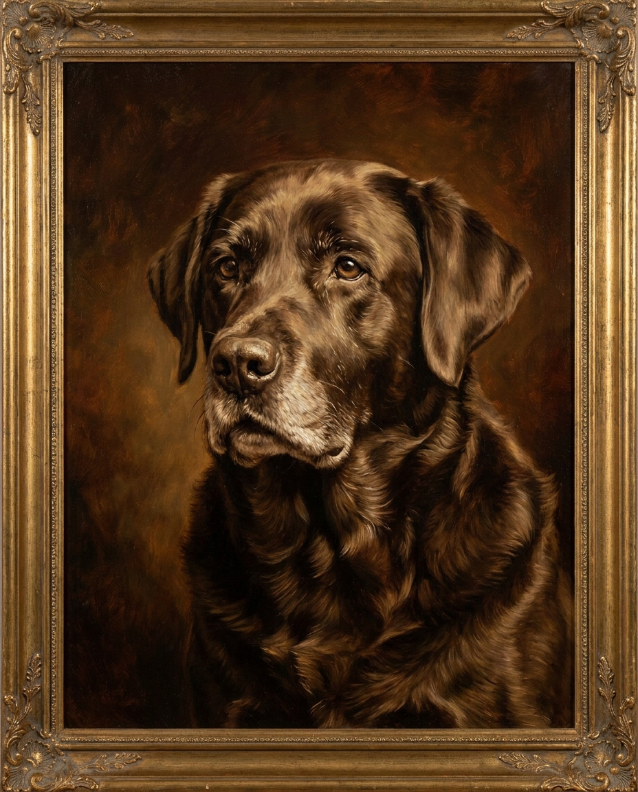 Heritage-stijl: klassiek olieverfportret van een oudere labrador met grijze snuit