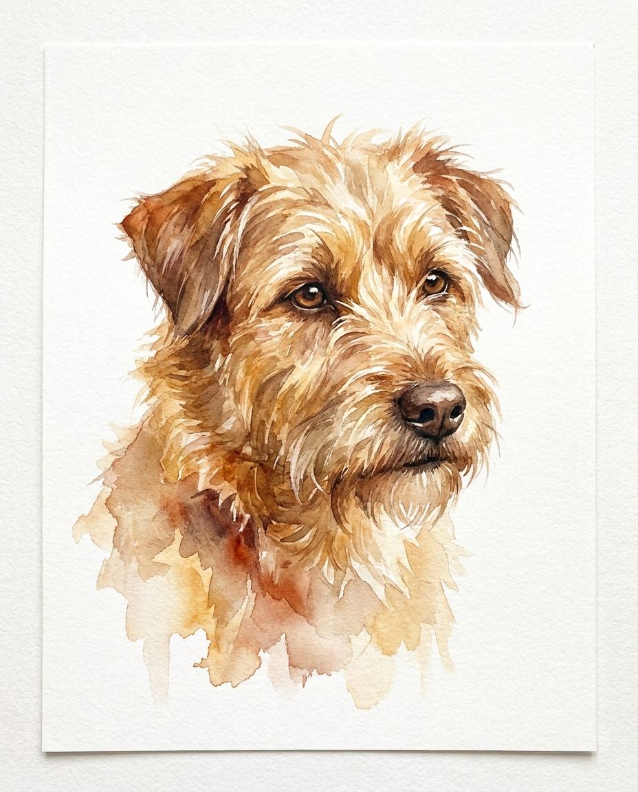 Aquarel-stijl: zacht aquarelportret van een bastaard terriër