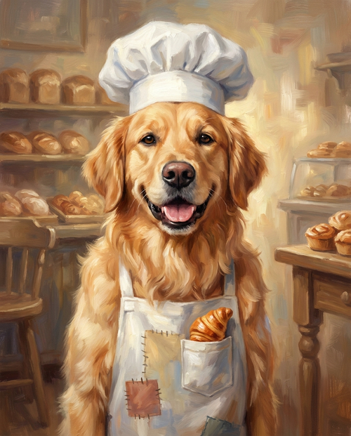 De Bakker — karakterportret van een golden retriever als bakker
