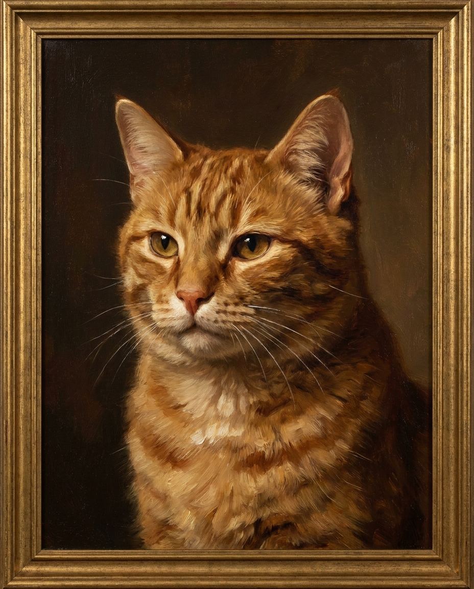 Kattenportret in Heritage-stijl: klassiek olieverfportret van een rode kater