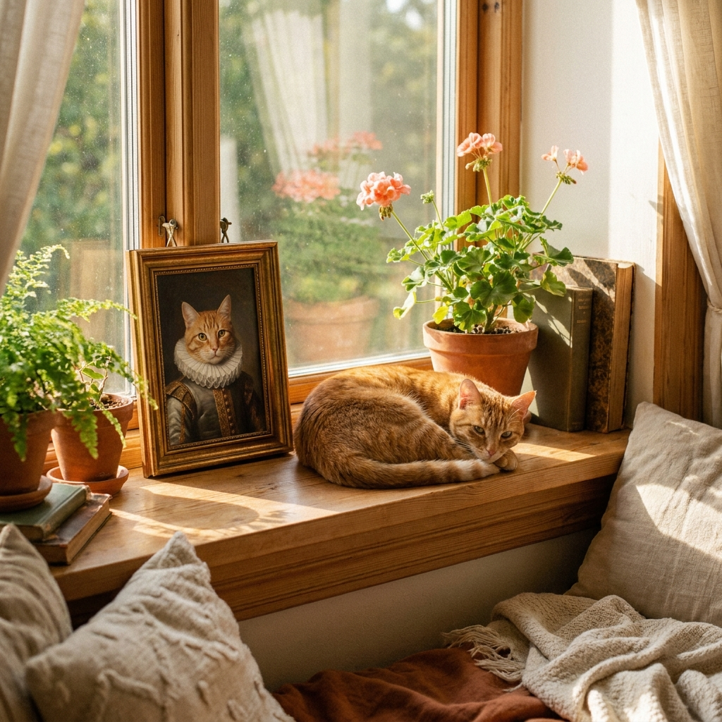 Kat op de vensterbank naast zijn eigen portret