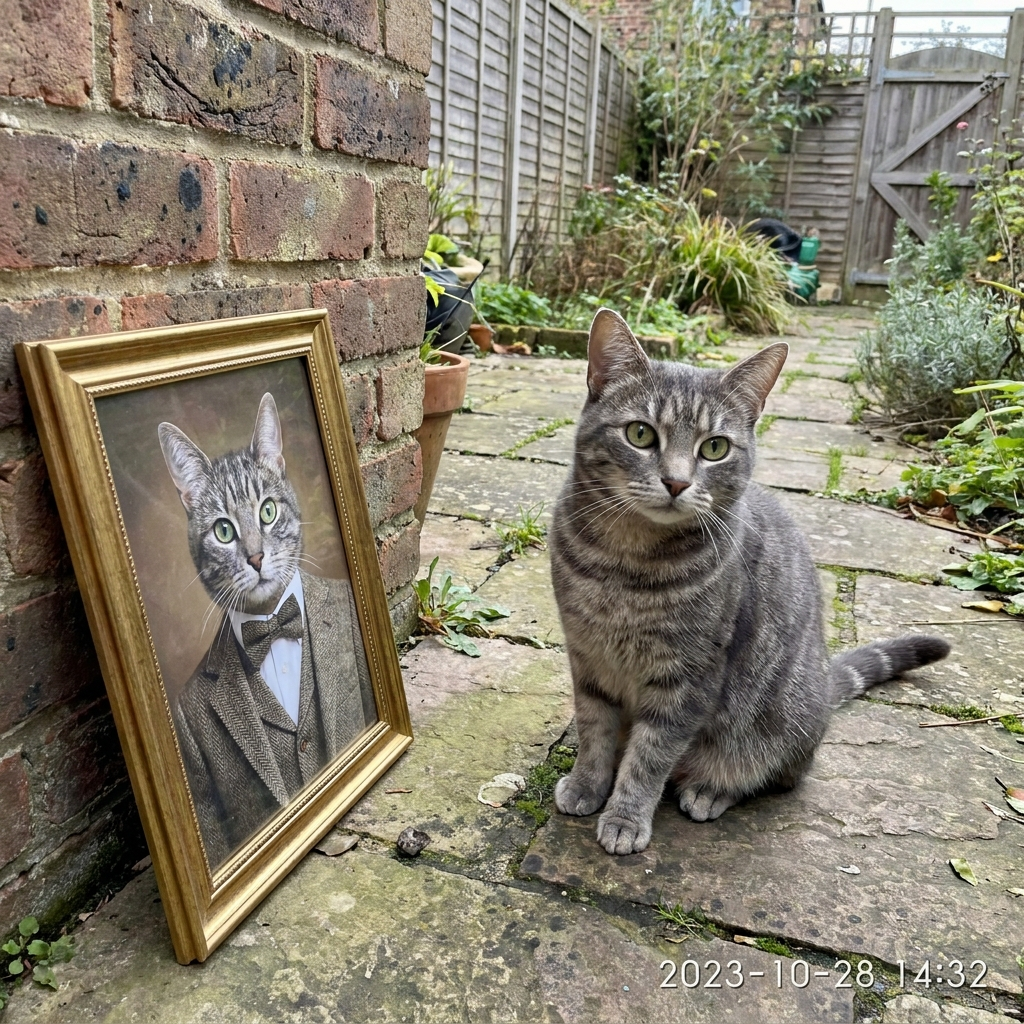Kat naast haar ingelijste portret in de tuin