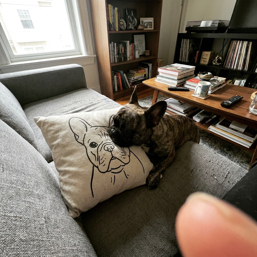 Franse bulldog besnuffelt het kussen met zijn eigen portret