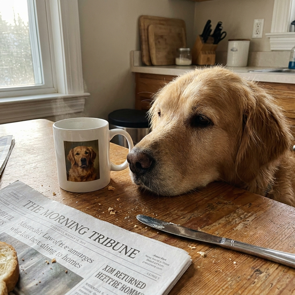 Golden retriever met zijn kop naast de mok met zijn eigen portret