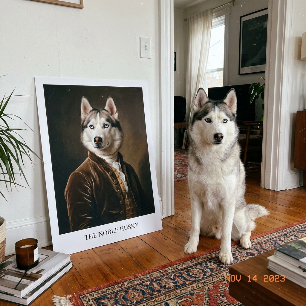 Husky naast zijn eigen portretposter