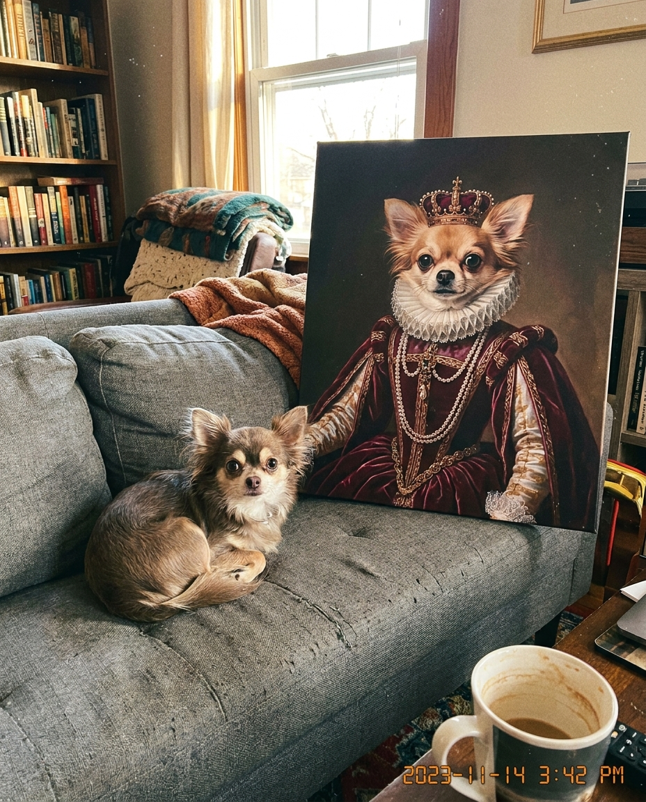 Chihuahua naast zijn Hertogin-portret op de bank