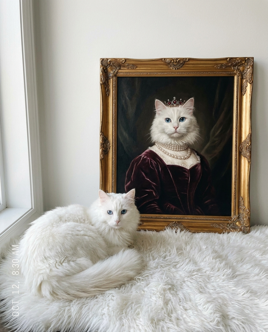 Witte kat naast haar Hertogin-portret