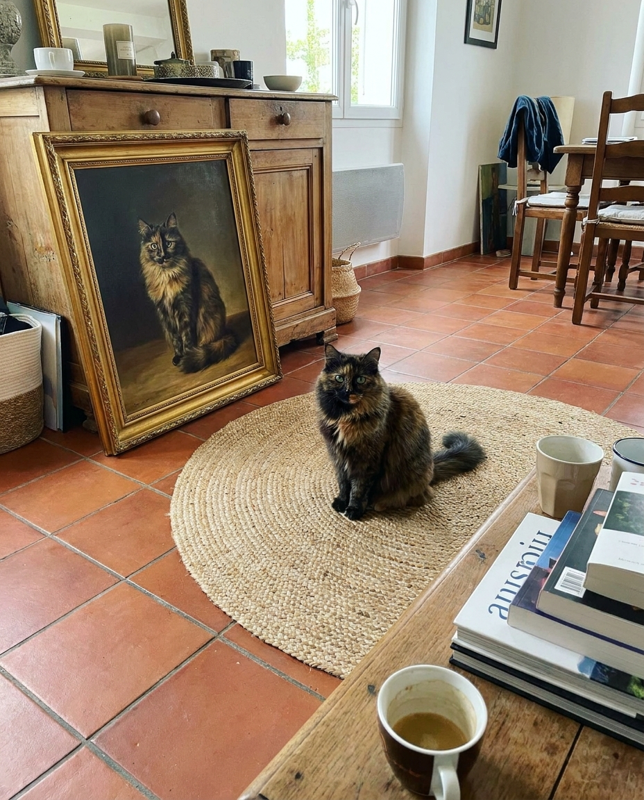 Kat naast haar eigen portretdoek op het kleedje