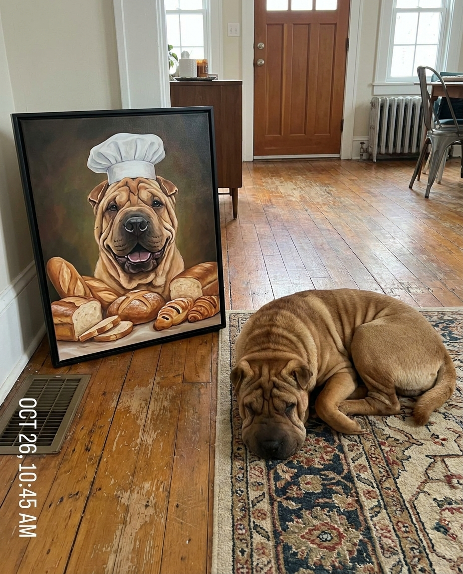 Shar-pei naast zijn Bakker-portret