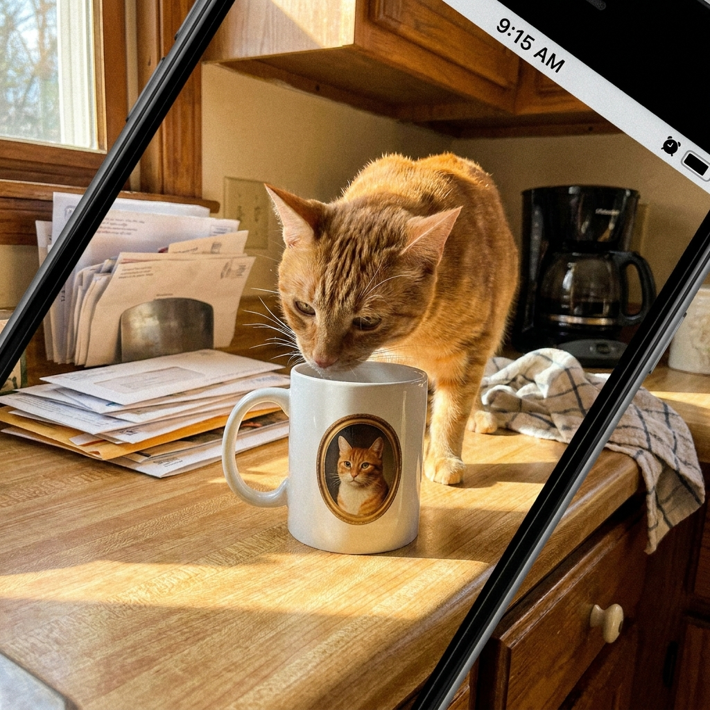 Rode kat snuffelt aan de mok met zijn eigen portret